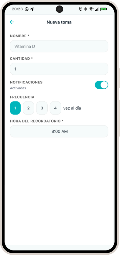 NutriPill mostrando el formulario de nueva toma