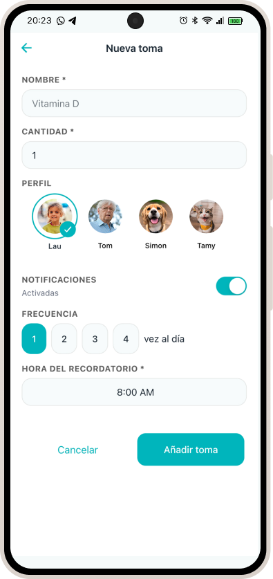NutriPill mostrando creación de una nueva toma con perfiles
