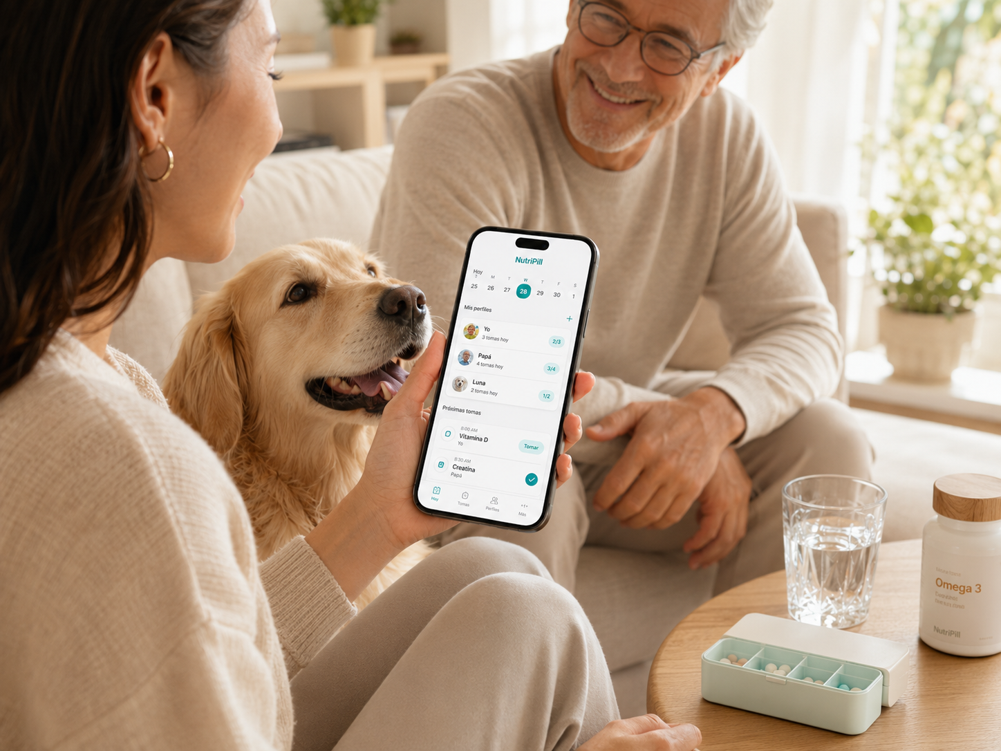 Persona compartiendo NutriPill en casa con un familiar y su mascota